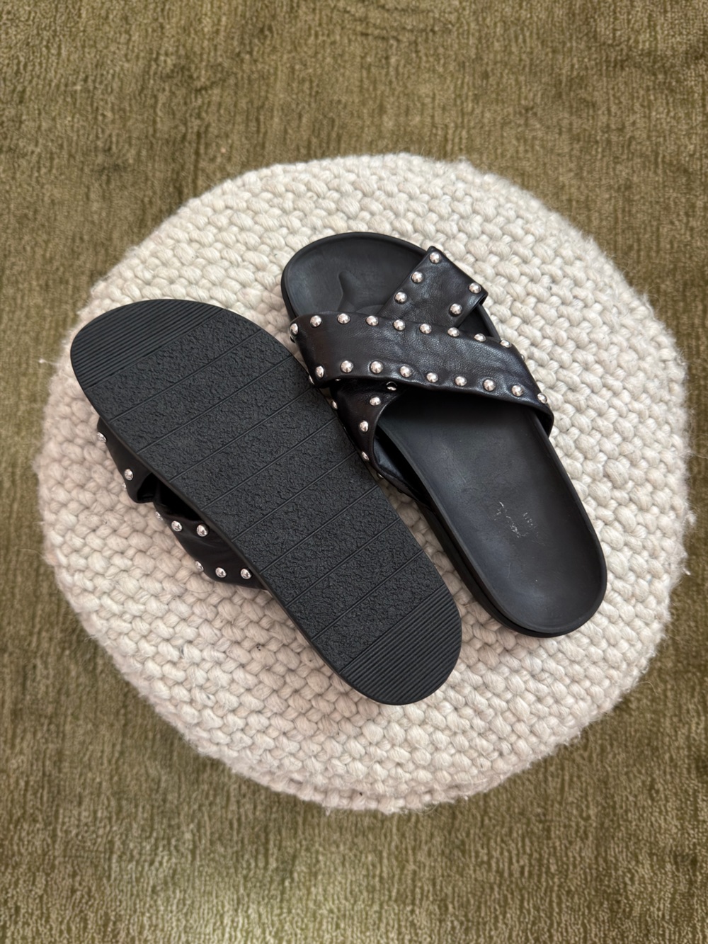Black Studded Crisscross Slide Sandals, Size 8.5